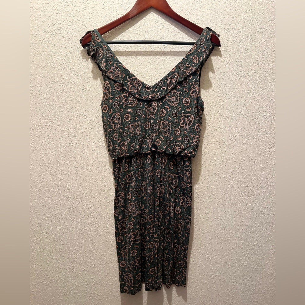 LOFT Green Jersey Dress with Pink Paisley Print